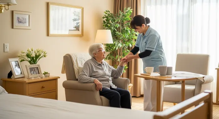 Pflegekraft unterstützt einen älteren Bewohner in einem freundlich eingerichteten Pflegeheimzimmer; ruhige, respektvolle Atmosphäre