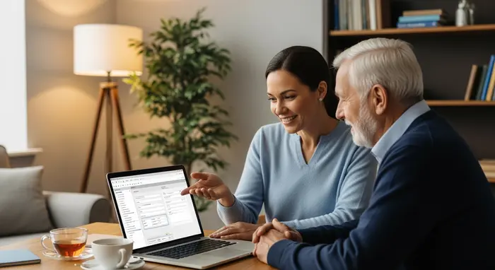 Pflegeberaterin sitzt mit einem älteren Mann am Laptop und füllt gemeinsam Formulare aus; gemütliche Wohnumgebung, freundliche Stimmung