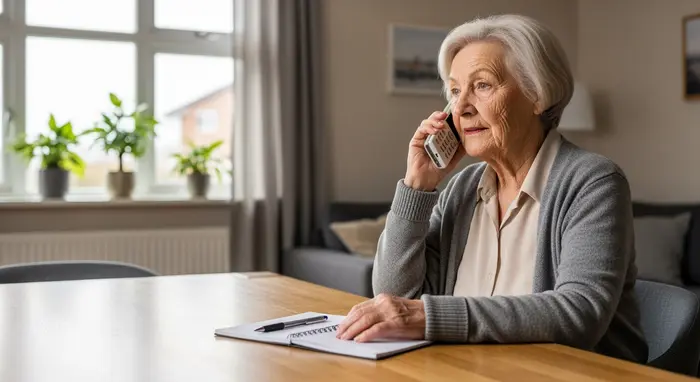 Seniorin telefoniert zu Hause mit der Pflegekasse; Notizblock und Stift liegen auf dem Tisch, ruhige Umgebung