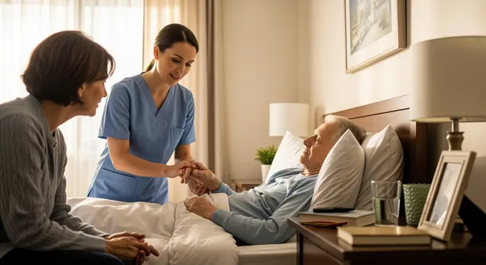 Pflegekurs zu Hause: Pflegefachkraft erklärt einer Angehörigen am Bett eines Seniors schonende Handgriffe; freundliche, praktische Atmosphäre