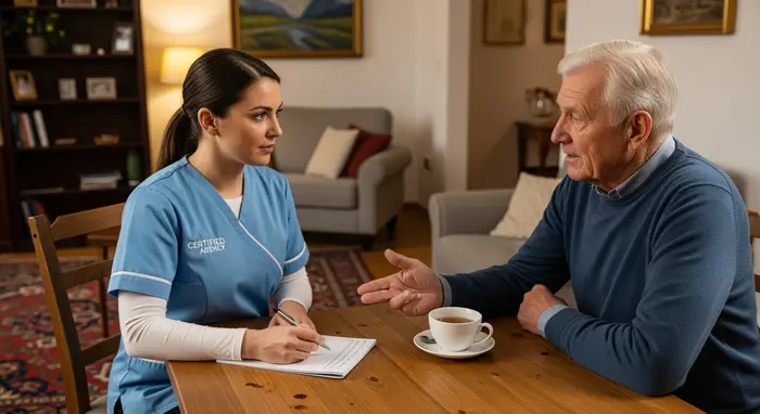 Zugelassener Pflegedienst besucht einen älteren Mann zu Hause; Gespräch am Wohnzimmertisch, Notizen ohne lesbaren Text