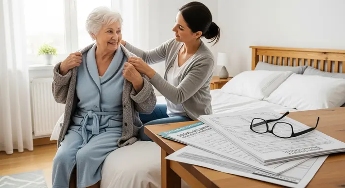 Erwachsene Tochter unterstützt ihre Mutter beim Anziehen; auf dem Tisch liegen Formulare ohne lesbaren Text zur sozialen Absicherung