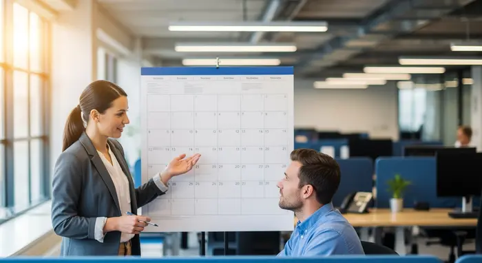 Büroszene: Mitarbeiterin erklärt einem Angestellten flexible Arbeitszeitmodelle, beide schauen auf einen Kalender; keine lesbaren Schriftinhalte