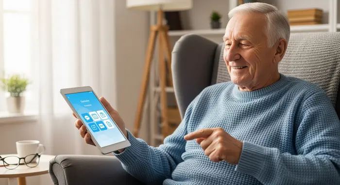 Älterer Mann sitzt zu Hause und nutzt ein Tablet für die digitale Kommunikation mit der Krankenkasse; klare, textfreie App-Darstellung angedeutet