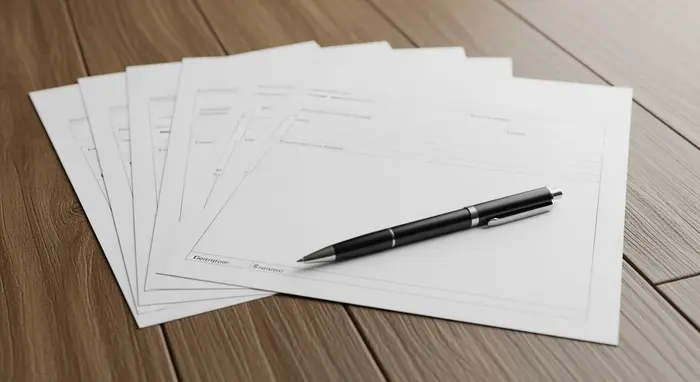 Formulare und ein Stift liegen auf einem Holztisch; keine lesbaren Textinhalte, neutraler, aufgeräumter Look