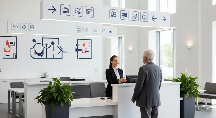 Modernes Kundenzentrum mit hellen Räumen und Empfangstresen; eine Mitarbeiterin begrüßt einen älteren Besucher, klare Beschilderung ohne lesbaren Text