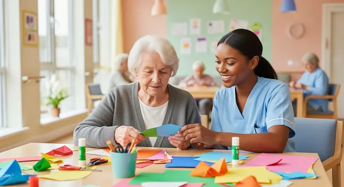 Seniorin sitzt in einer Tagespflege-Einrichtung an einem Tisch und bastelt gemeinsam mit einer Betreuungskraft; freundliche Atmosphäre, helle Farben