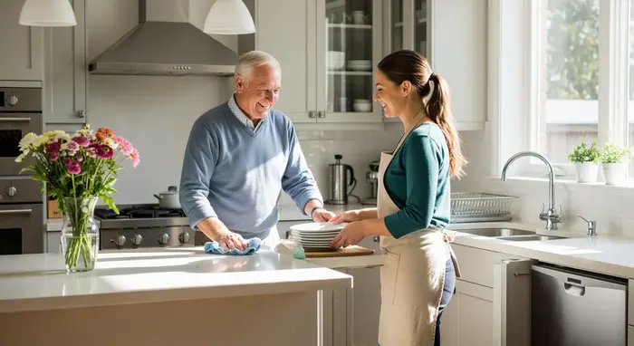 Haushaltshilfe räumt gemeinsam mit einem älteren Herrn die Küche auf; freundlicher Alltagsmoment in einer hellen Wohnung