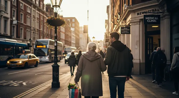 Junger Nachbar begleitet eine Seniorin mit Einkaufstasche zu einem Arzttermin; städtische Umgebung, warmes Licht