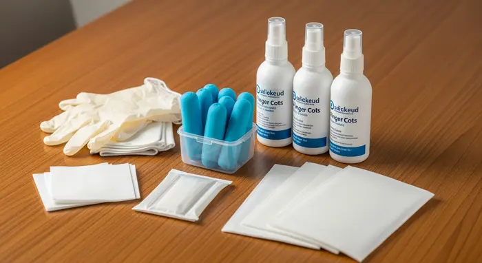 Pflegehilfsmittel wie Einmalhandschuhe, Desinfektionsmittel, Fingerlinge und Bettschutzeinlagen ordentlich auf einem Holztisch arrangiert