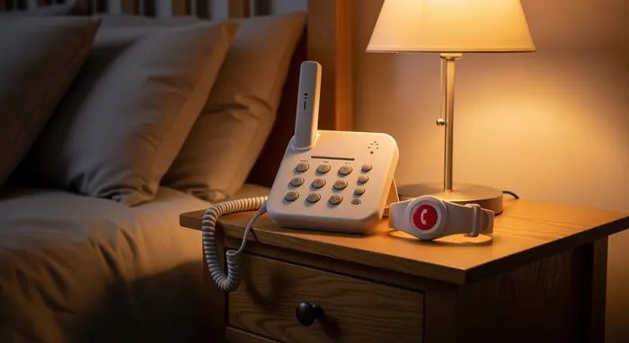Hausnotrufgerät mit Armbandknopf steht auf einem Nachttisch neben einem Bett; warme Beleuchtung, einfache Bedienknöpfe ohne lesbaren Text