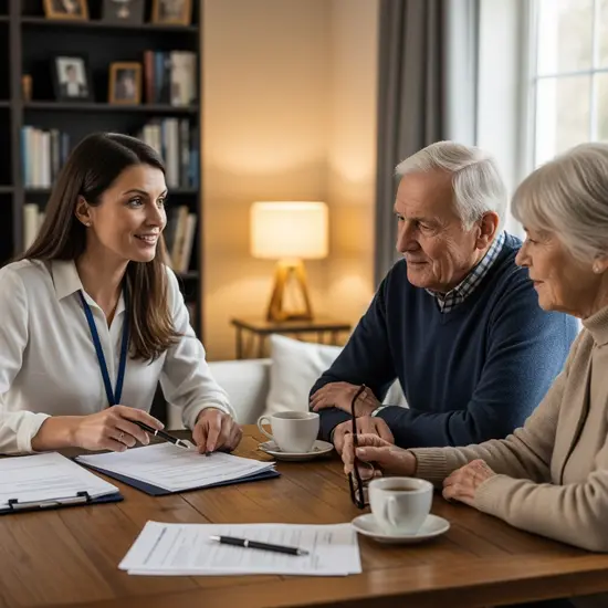 Pflegeberaterin erklärt einem älteren Paar am Wohnzimmertisch Unterlagen zur Pflegeversicherung; warme, freundliche Atmosphäre.