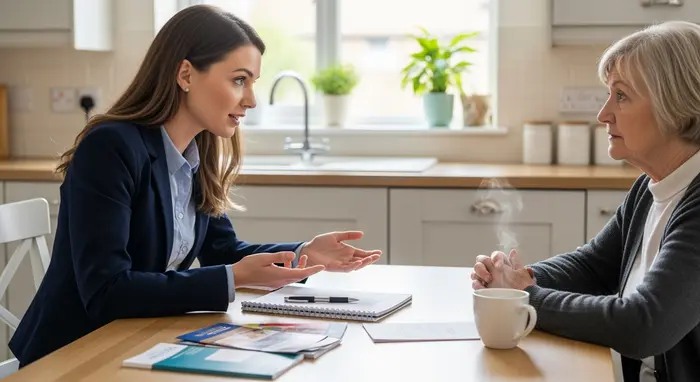 Pflegeberaterin erklärt Angehöriger am Küchentisch verschiedene Pflegeleistungen; Notizblock liegt bereit.