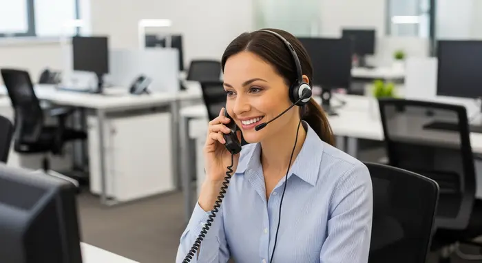 Freundliche Kundenberaterin telefoniert in einem modernen Service-Center; Headset, lächelnd, klare Einrichtung.