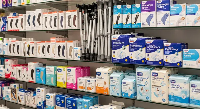 Regal mit Pflegehilfsmitteln wie Kompressionsstrümpfen, Gehhilfen und Inkontinenzprodukten; aufgeräumte Präsentation.