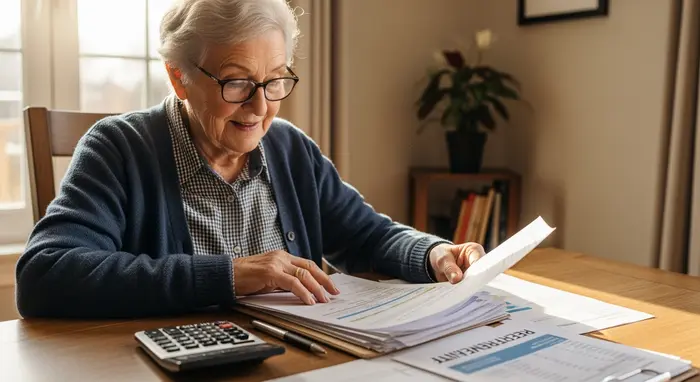 Ältere Angehörige prüft Rentenunterlagen am Esstisch, Taschenrechner und Stift daneben.