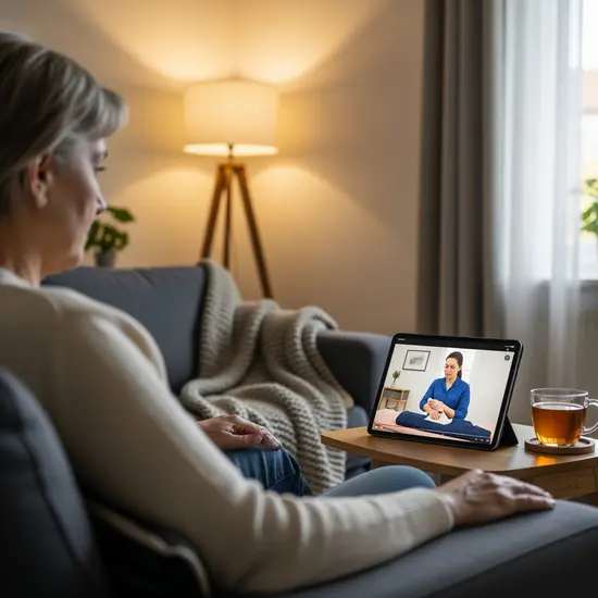 Pflegende Angehörige verfolgt einen Online-Pflegekurs auf einem Tablet; gemütliches Wohnzimmer, klare Darstellung ohne Text.