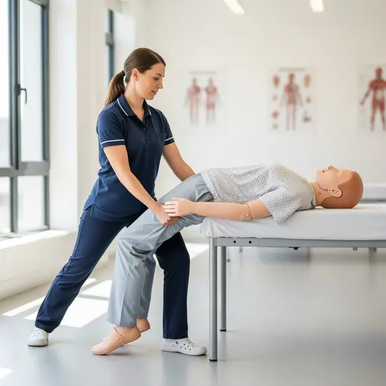 Pflegerin demonstriert rückenschonende Hebetechnik mit Übungspuppe in heller Schulungsumgebung.