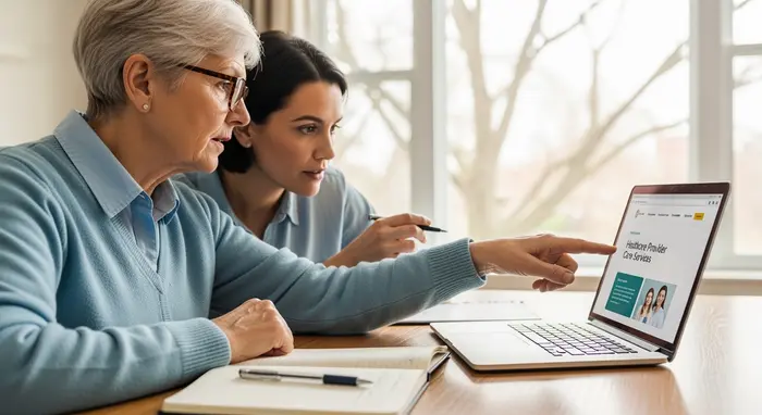 Senior und Angehörige besprechen am Laptop die Pflegeangebote der Krankenkasse; Notizbuch und Stift liegen bereit.