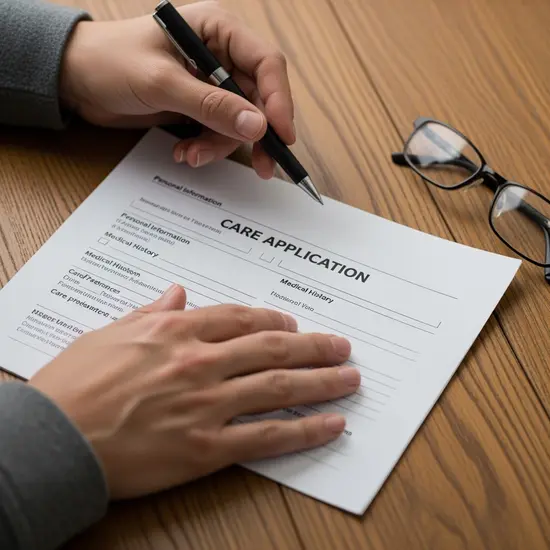 Nahaufnahme von Händen, die einen Pflegeantrag und Stift halten, daneben Lesebrille auf Holzoberfläche.