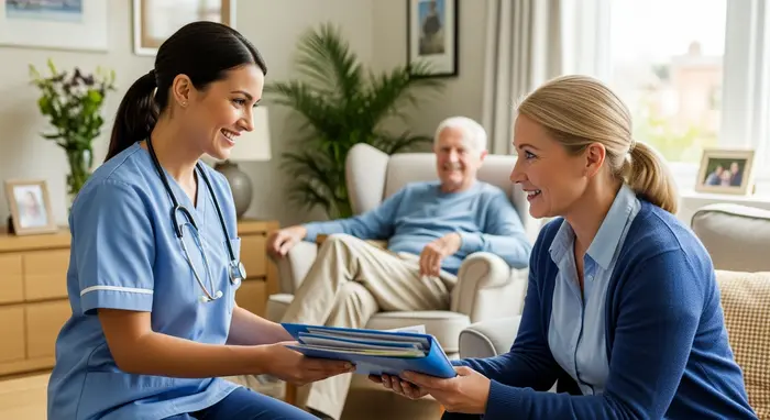 Pflegerin übergibt lächelnd einer Angehörigen Informationsmappe; Senior sitzt entspannt im Hintergrund im Wohnzimmer.