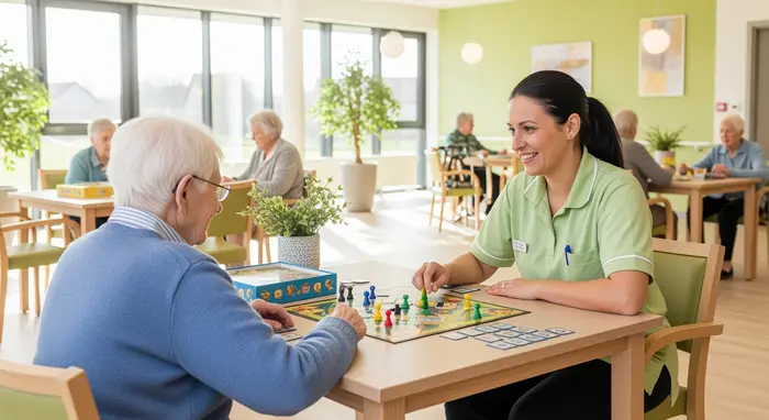 Senior in moderner Tagespflege-Einrichtung spielt Brettspiel mit Betreuerin; helle Umgebung.
