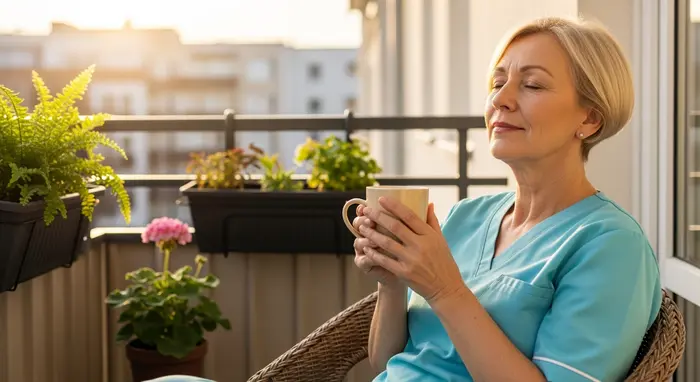 Ältere Pflegeperson bekommt kurze Auszeit, sitzt mit Tee auf Balkon; Entlastung sichtbar.