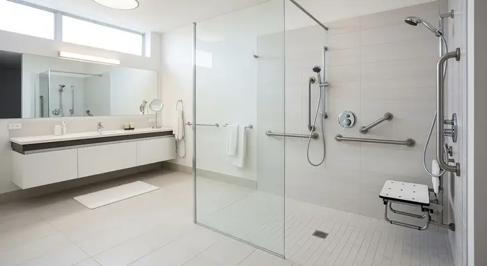 Barrierefreies Badezimmer mit ebenerdiger Dusche, Haltegriffen und Duschsitz; helle Fliesen, klare Linien.