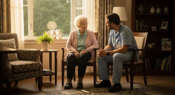 Seniorin sitzt entspannt in einem Pflegeheim-Gemeinschaftsraum und unterhält sich mit Pfleger; warme Atmosphäre.