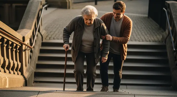 Pflegegrad-Situation symbolisch: Senior mit Gehstock meistert vorsichtig Stufen, Angehörige sichert.
