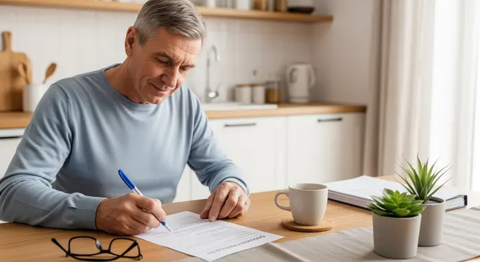 Älterer Mann füllt mit Kugelschreiber einen Antrag am Küchentisch aus; ruhige, aufgeräumte Szene.