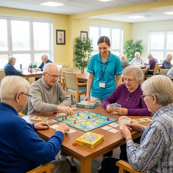 Seniorengruppe in einer Tagespflege spielt ein Brettspiel; helle Gemeinschaftsräume, freundliche Betreuung.