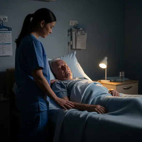 Nachtszene in Pflegeeinrichtung: Pflegekraft schaut nach einem schlafenden Senior, gedimmtes Licht, ruhige Atmosphäre.