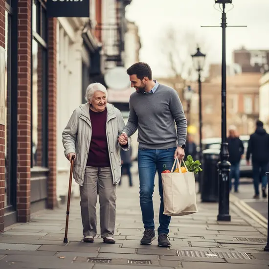 Alltagsbegleiter hilft einem Senior beim Einkaufen und trägt eine Einkaufstasche; städtische Umgebung.