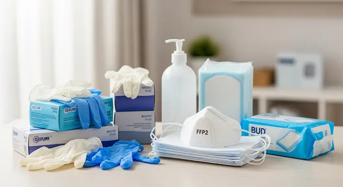 Pflegehilfsmittel zum Verbrauch auf einem Tisch: Einmalhandschuhe, Desinfektionsmittel, FFP2-Masken und Bettschutzeinlagen; helle, saubere Umgebung.