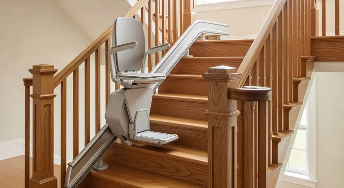 Treppenlift an einer Holztreppe in einem Einfamilienhaus; klare Linien, kein sichtbarer Text.