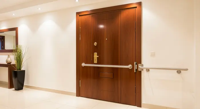 Breite Wohnungstür mit stabilem Handlauf im Flur; gut beleuchtete Umgebung.