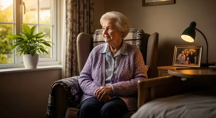 Seniorin sitzt in einem gemütlichen Pflegeheimzimmer und schaut aus dem Fenster; persönliches Ambiente, Pflanzen, Familienfoto ohne lesbaren Text.