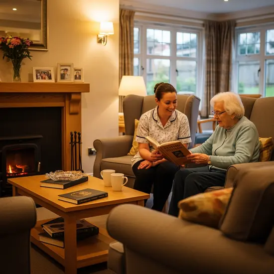 Betreuungskraft liest einer Seniorin im Gemeinschaftsraum vor; warme Beleuchtung, entspannte Stimmung.