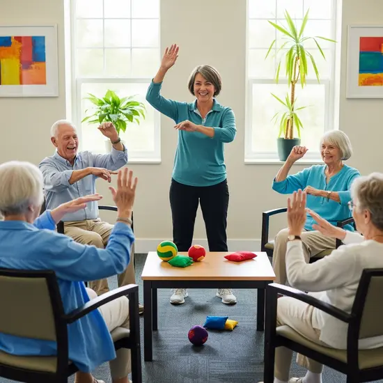 Kleine Gruppe von Senioren nimmt an einer Aktivierungsrunde mit Bewegungsspielen teil; fröhliche Gesichter, sicherer Raum.