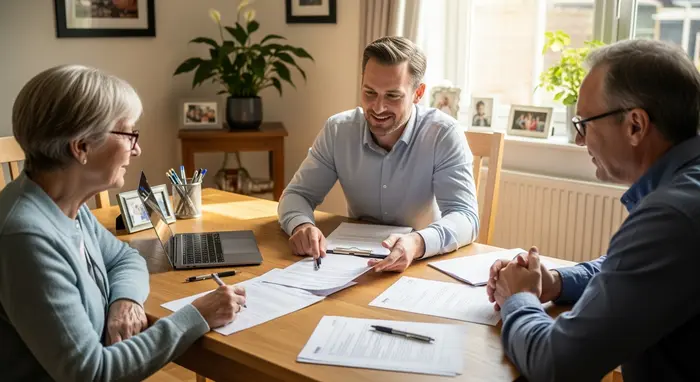 Pflegeberater besucht Familie zuhause und erstellt gemeinsam einen Versorgungsplan; Unterlagen ohne lesbaren Text.