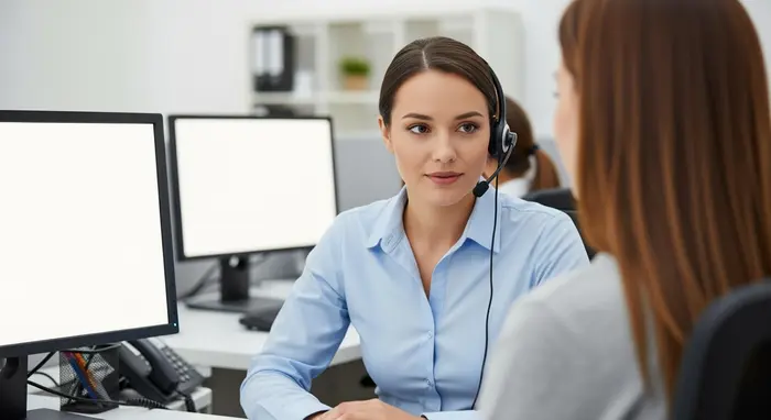 Moderne Service-Hotline: Mitarbeiterin mit Headset berät eine Kundin; aufgeräumtes Büro, neutrale Monitore ohne lesbaren Text.