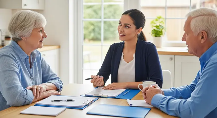 Freundliche Pflegeberaterin spricht mit einem älteren Paar am Küchentisch, Unterlagen und Stift liegen bereit, helles Tageslicht, vertrauensvolle Beratungssituation.