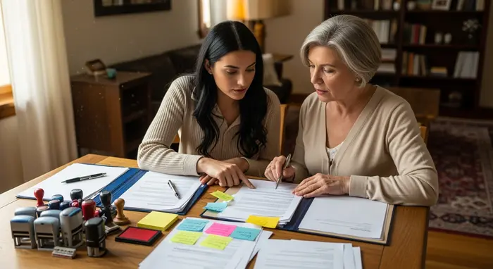 Tochter bespricht mit ihrer älteren Mutter Unterlagen am Wohnzimmertisch, Notizzettel und Stempel liegen bereit, konzentrierte Atmosphäre.
