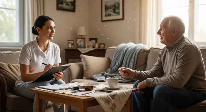 Pflegefachkraft besucht pflegebedürftigen Senior zuhause, sitzt am Couchtisch und bespricht Pflegefragen, Klemmbrett und Stift in der Hand.