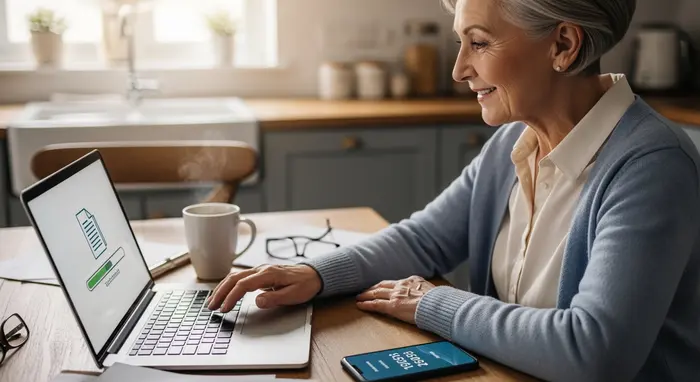 Seniorin nutzt Laptop am Küchentisch, lächelt beim Hochladen von Dokumenten, Smartphone liegt daneben für Zwei-Faktor-Authentifizierung.