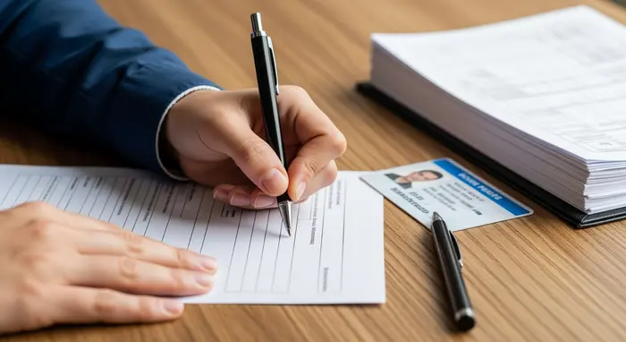 Nahaufnahme von Händen, die ein Formular ausfüllen, daneben liegen Ausweis, Kugelschreiber und geordnete Unterlagen auf einem Holztisch.