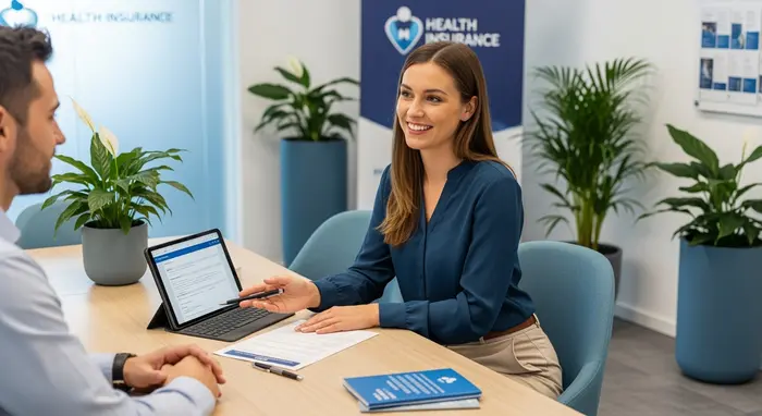 Freundliche Sachbearbeiterin in einer modernen Geschäftsstelle der Krankenkasse, sitzt an einem Beratungstisch, ein Kunde erhält Auskunft.