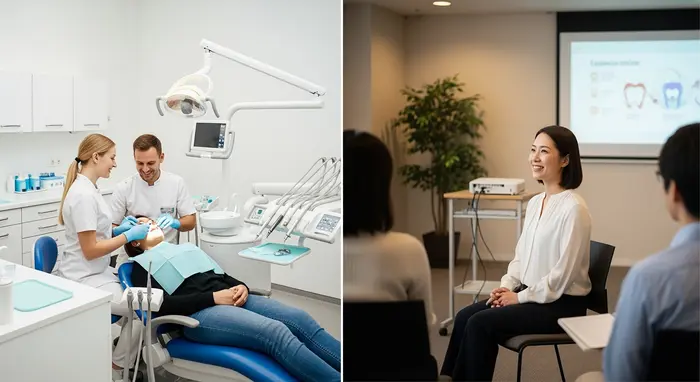 Zahnarztpraxis: Patient erhält professionelle Zahnreinigung, moderne Praxisumgebung, freundliches Team; daneben Bild einer entspannten Frau in einem Präventionskurs, ruhiger Seminarraum.