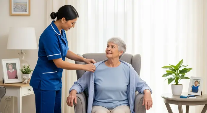 Ambulanter Pflegedienst hilft einem Senior beim Anziehen im Wohnzimmer, helle freundliche Umgebung, professionelle und respektvolle Unterstützung.